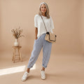 Women's Striped Cotton Linen Blend Tapered Casual Pants - Blue