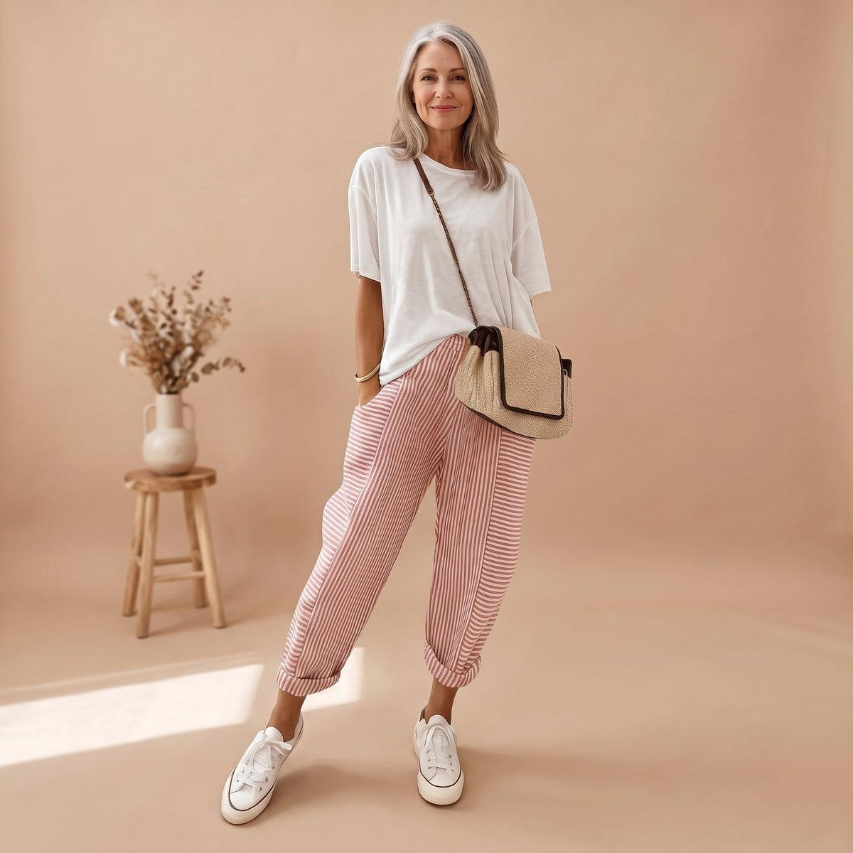 Women's Striped Cotton Linen Blend Tapered Casual Pants - Red