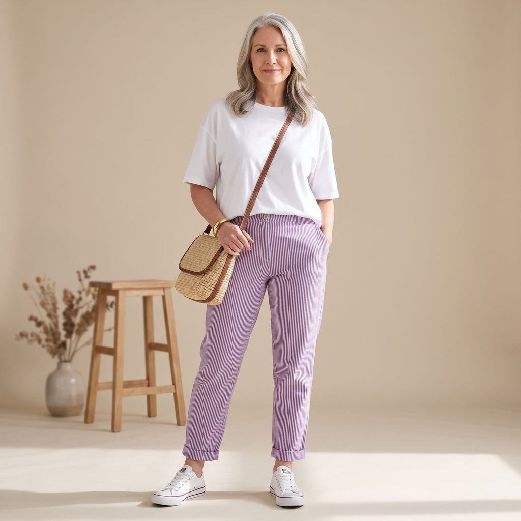 Women's Striped Cotton Linen Blend Tapered Casual Pants - Purple
