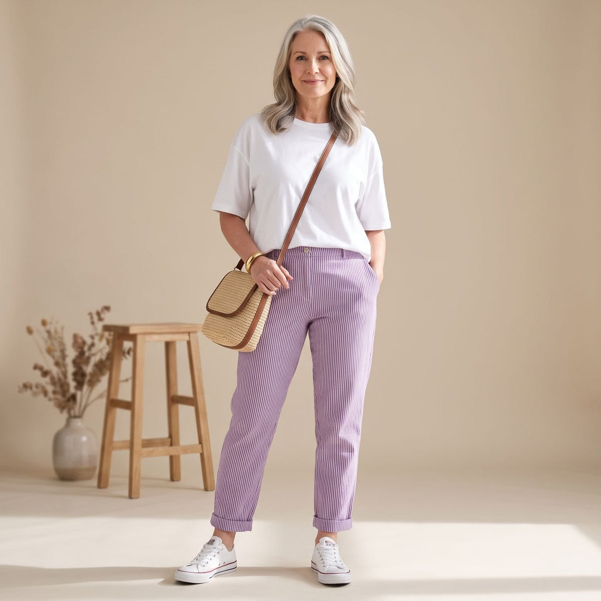 Women's Striped Cotton Linen Blend Tapered Casual Pants - Purple
