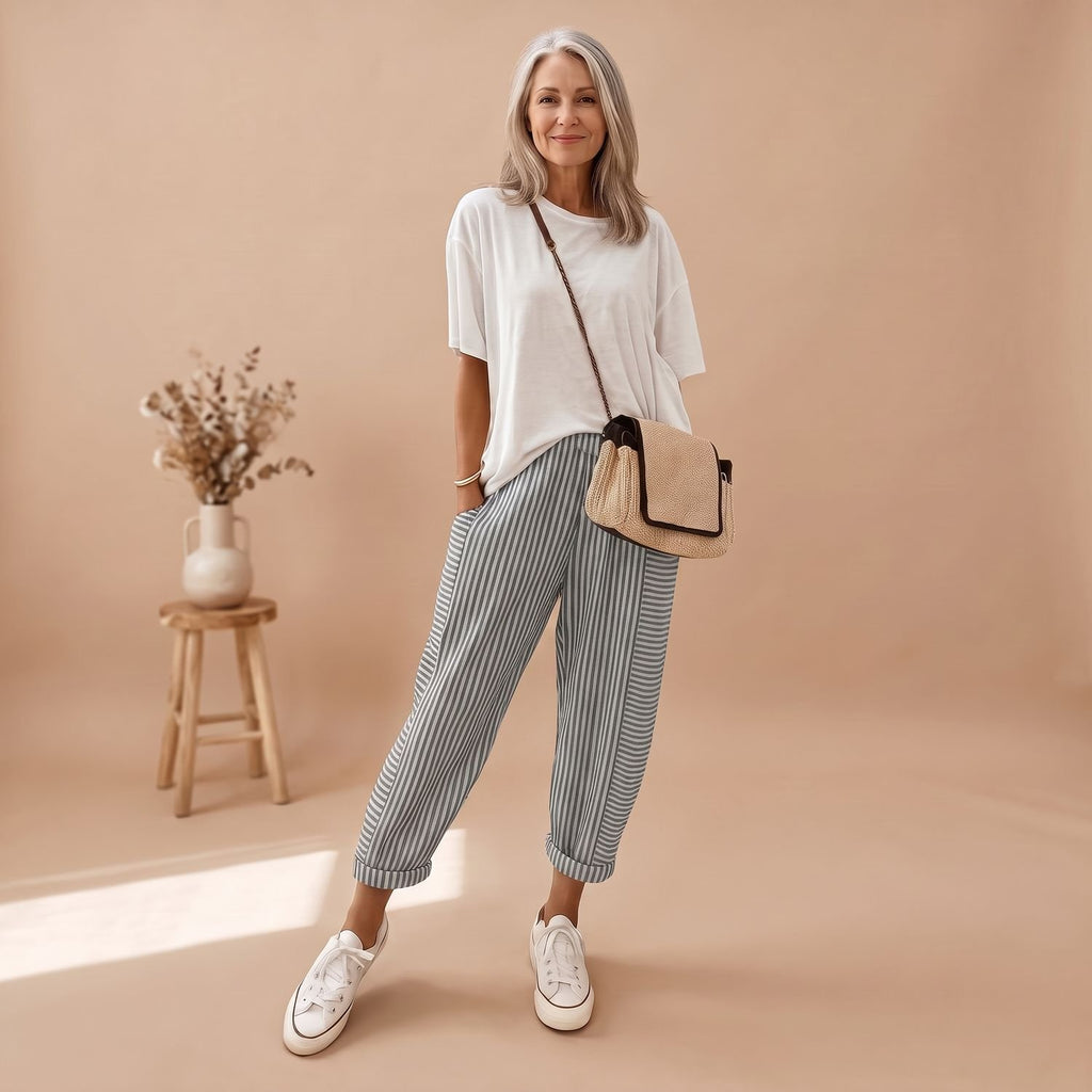 Women's Striped Cotton Linen Blend Tapered Casual Pants - Gray