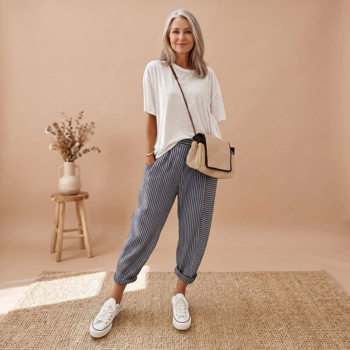 Women's Striped Cotton Linen Blend Tapered Casual Pants - Black