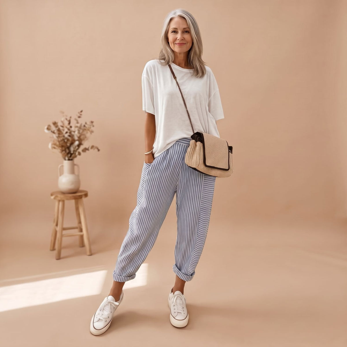 Women's Striped Cotton Linen Blend Tapered Casual Pants - Green