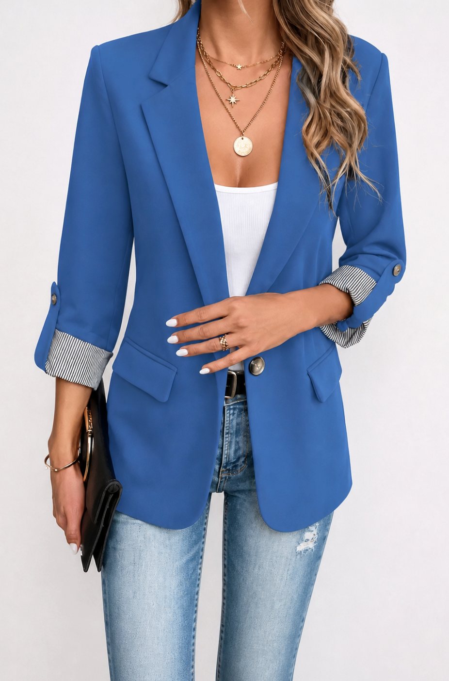 Women's Striped-Cuff Roll-Sleeve Soft-Tailored Blazer - Blue