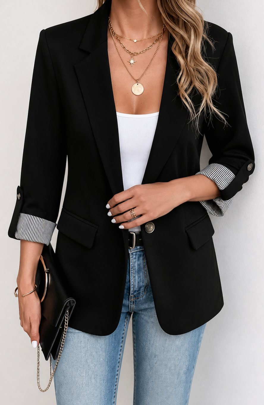 Women's Striped-Cuff Roll-Sleeve Soft-Tailored Blazer - Black