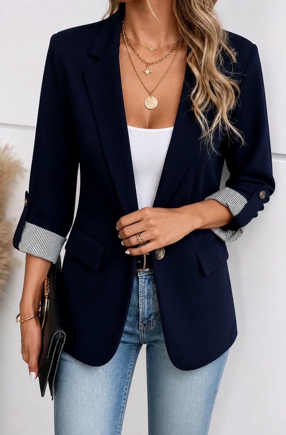 Women's Striped-Cuff Roll-Sleeve Soft-Tailored Blazer - Navy Blue
