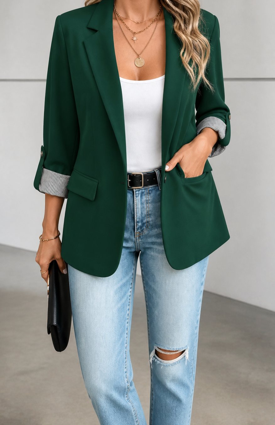Women's Striped-Cuff Roll-Sleeve Soft-Tailored Blazer - Dark Green