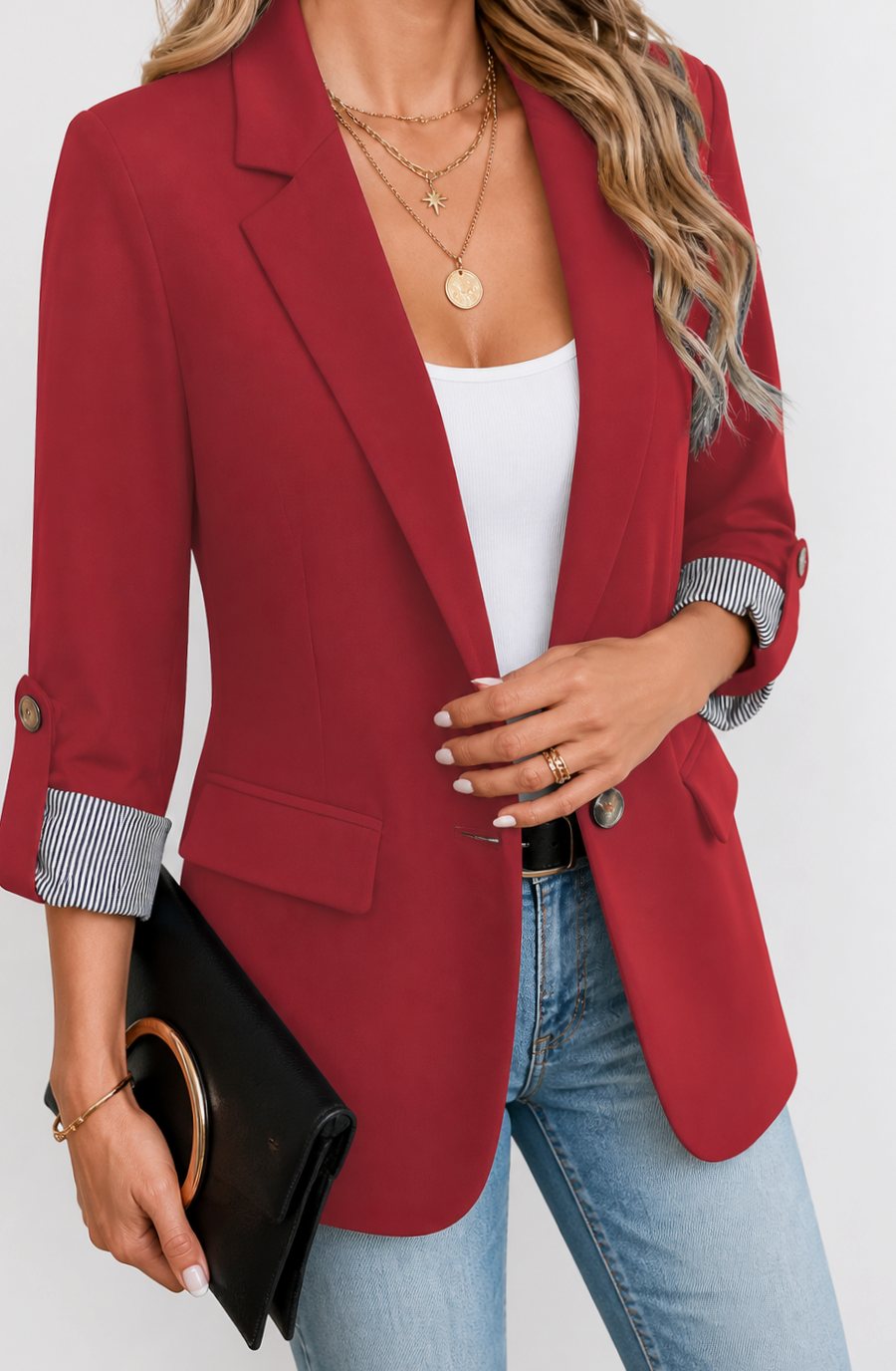 Women's Striped-Cuff Roll-Sleeve Soft-Tailored Blazer - Red
