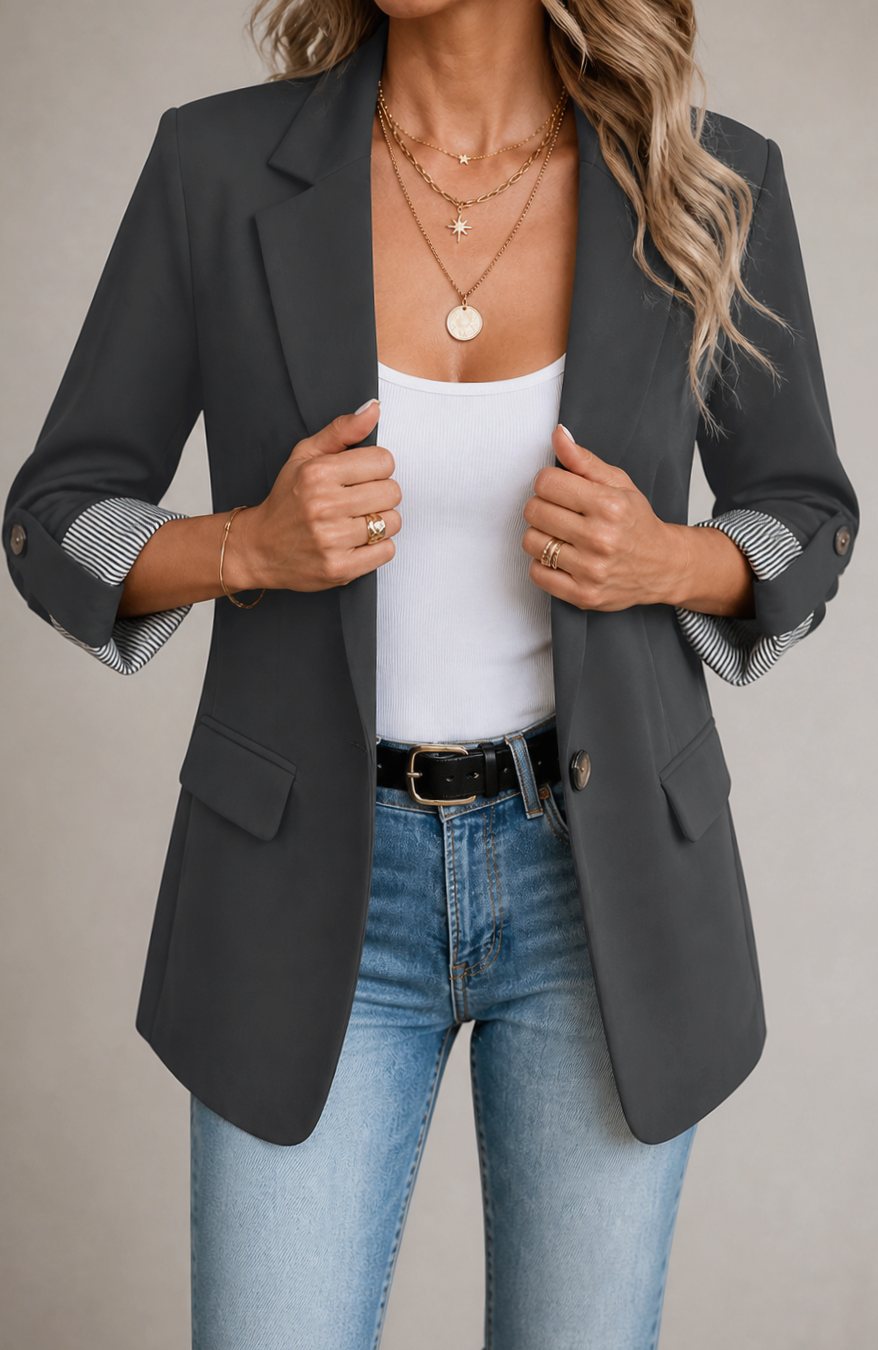 Women's Striped-Cuff Roll-Sleeve Soft-Tailored Blazer - Dark Gray