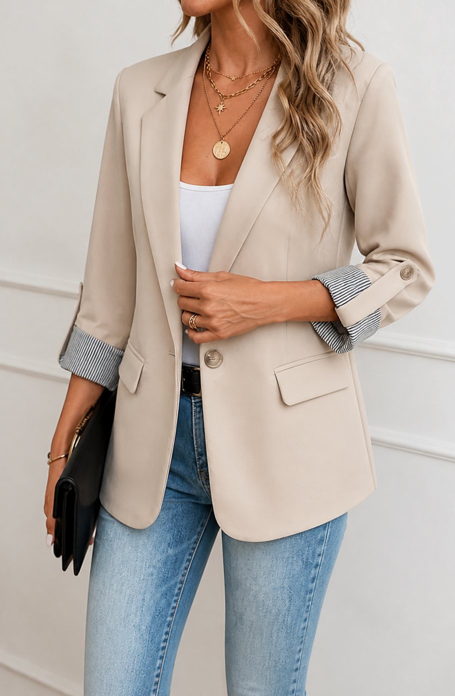 Women's Striped-Cuff Roll-Sleeve Soft-Tailored Blazer - Apricot