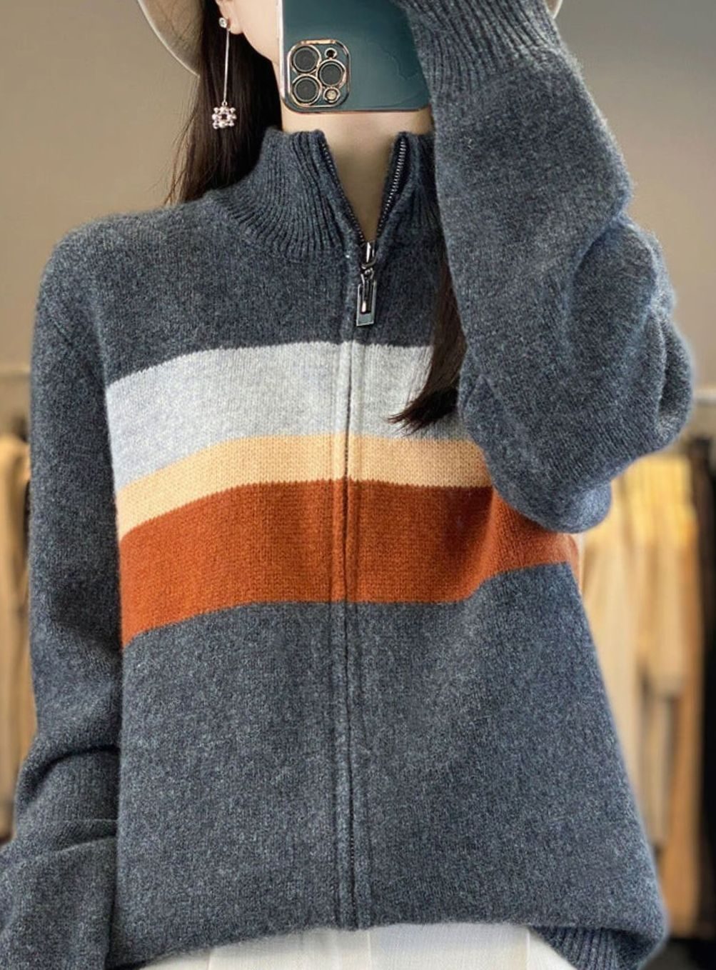 Women's Striped Full-Zip Knit Cardigan Sweater
