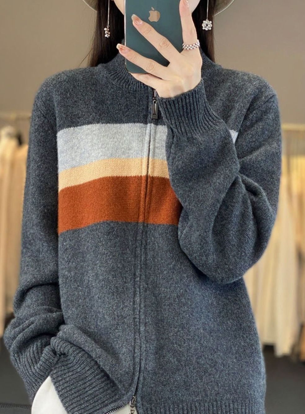 Women's Striped Full-Zip Knit Cardigan Sweater