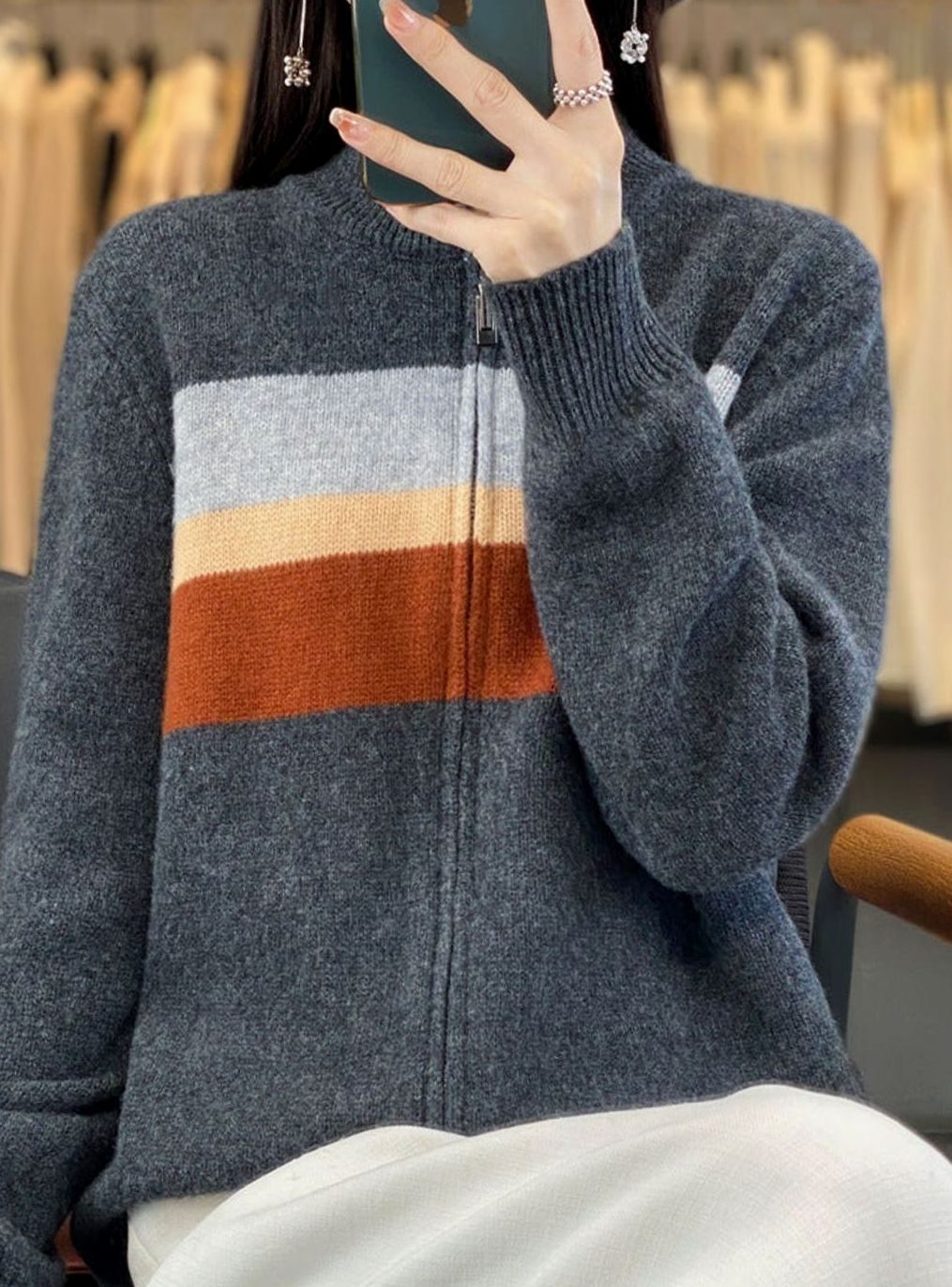 Women's Striped Full-Zip Knit Cardigan Sweater