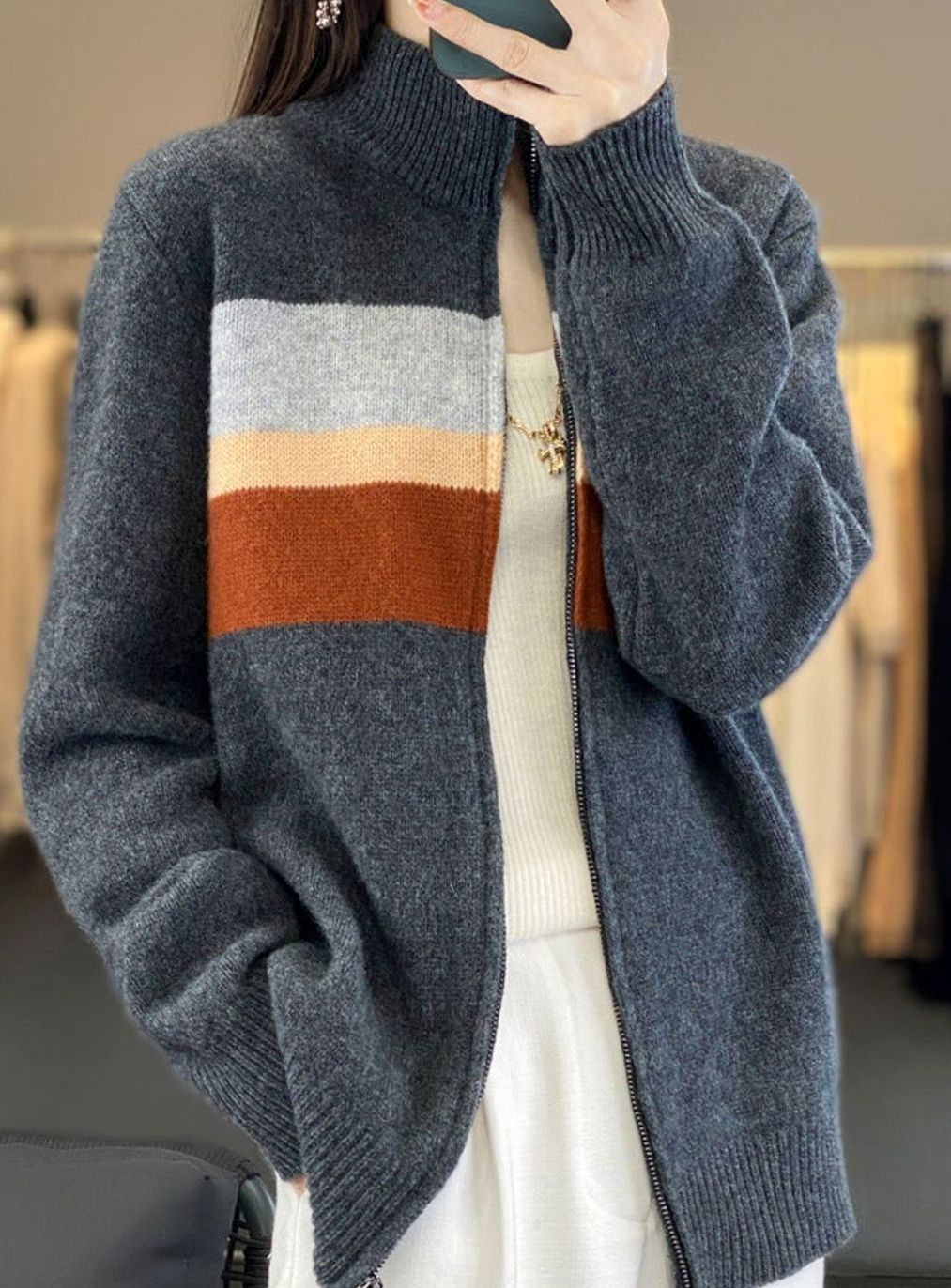 Women's Striped Full-Zip Knit Cardigan Sweater