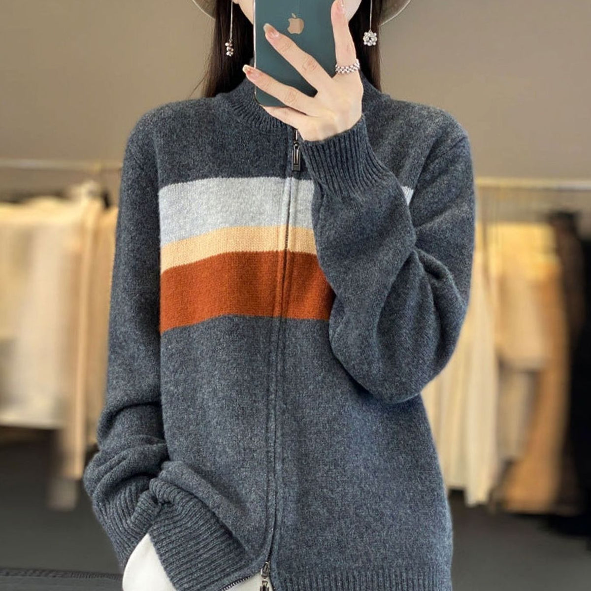 Women's Striped Full-Zip Knit Cardigan Sweater - Gray