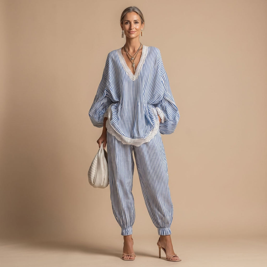 Women's Striped Lace-Trim Batwing Top Tapered Pants Two Piece Set