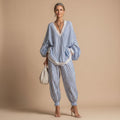 Women's Striped Lace-Trim Batwing Top Tapered Pants Two Piece Set