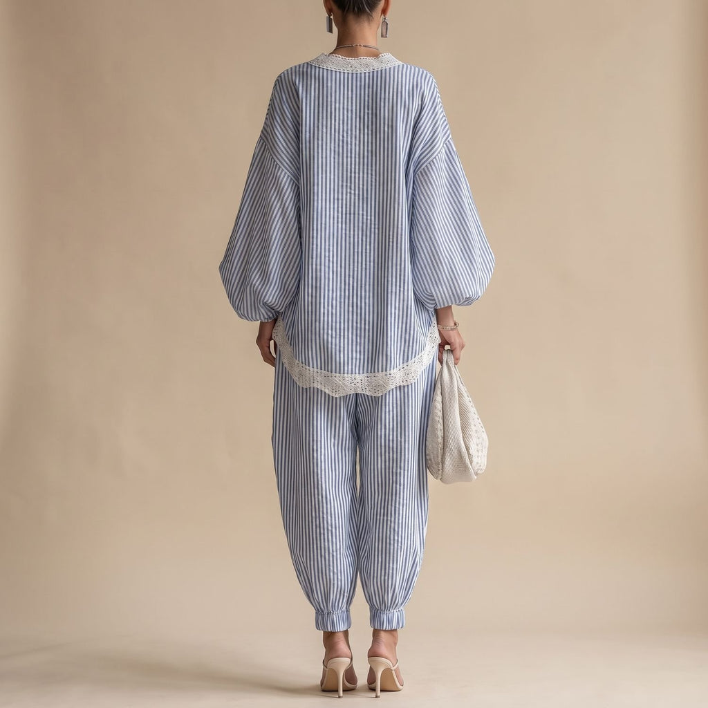 Women's Striped Lace-Trim Batwing Top Tapered Pants Two Piece Set