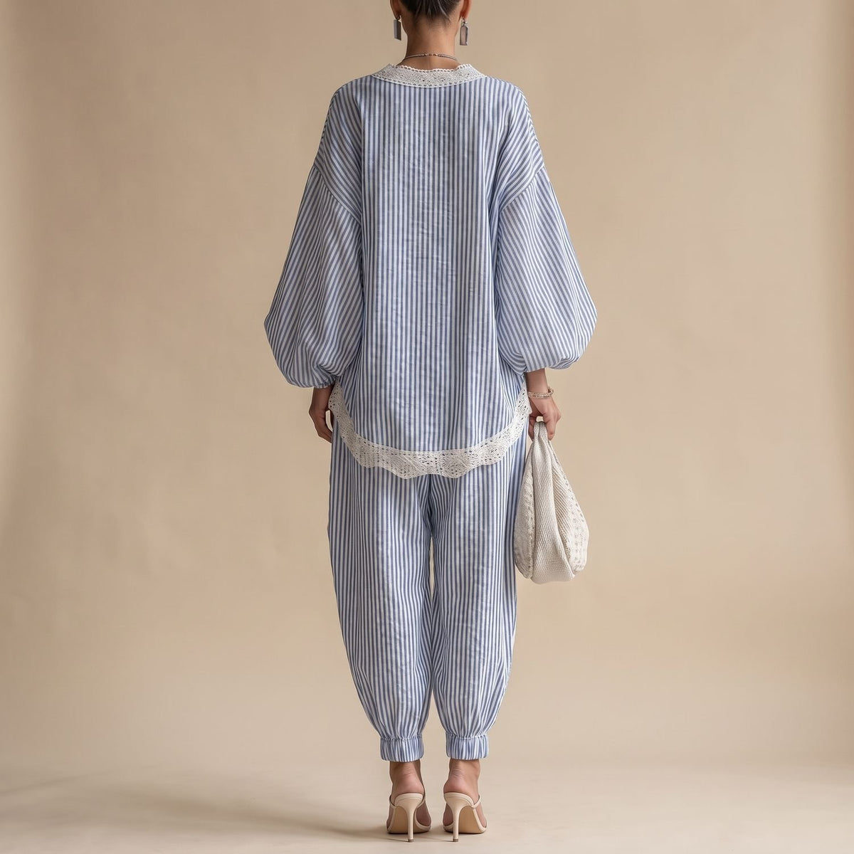 Women's Striped Lace-Trim Batwing Top Tapered Pants Two Piece Set