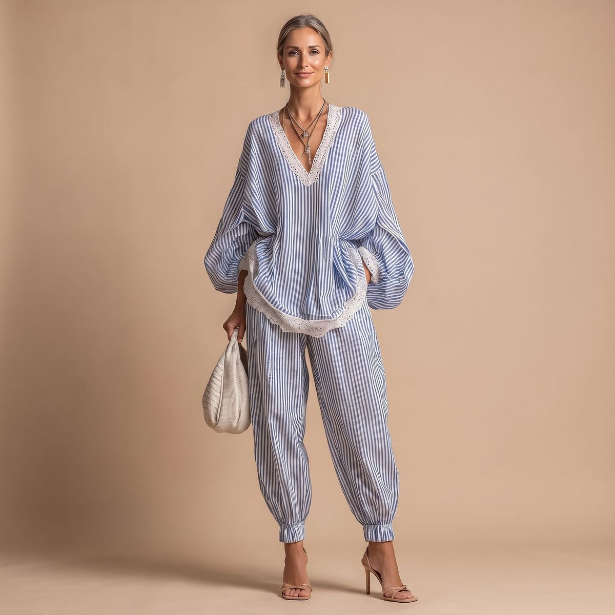 Women's Striped Lace-Trim Batwing Top Tapered Pants Two Piece Set