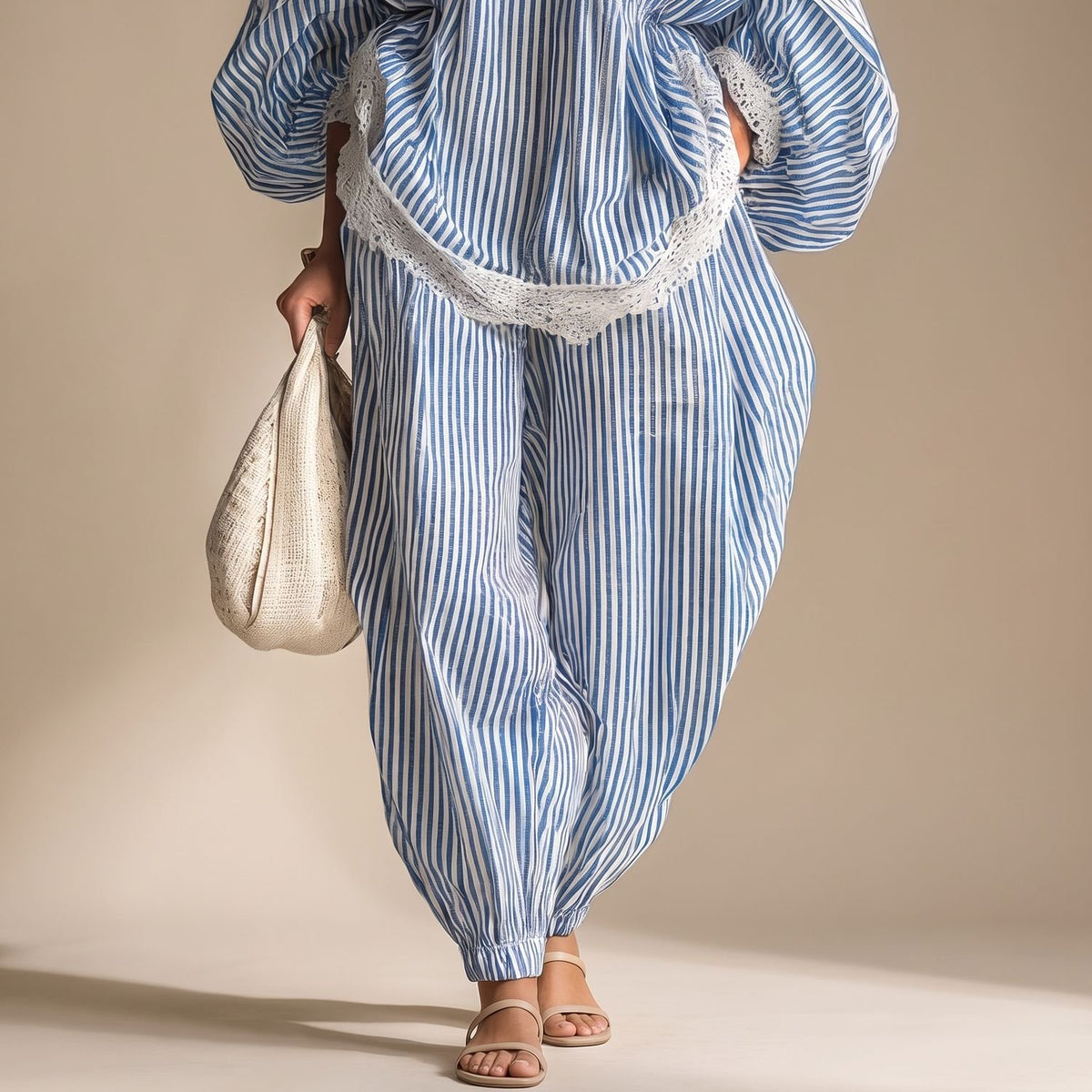 Women's Striped Lace-Trim Batwing Top Tapered Pants Two Piece Set