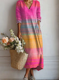 Women's Striped Multicolor V-Neck Long Sleeve Fall Dress - Multicolor