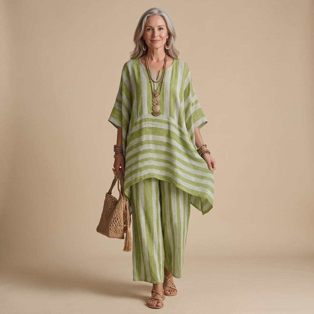 Women's Striped Poncho-Top Wide-Leg Two Piece Set - Olive Green