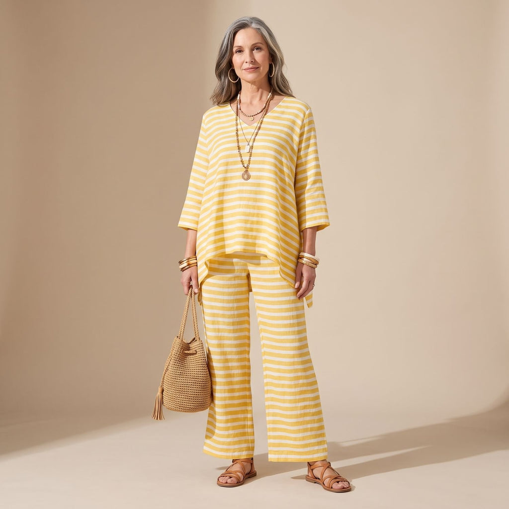 Women's Striped Poncho-Top Wide-Leg Two Piece Set - Yellow