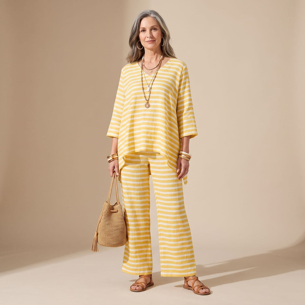Women's Striped Poncho-Top Wide-Leg Two Piece Set - Yellow
