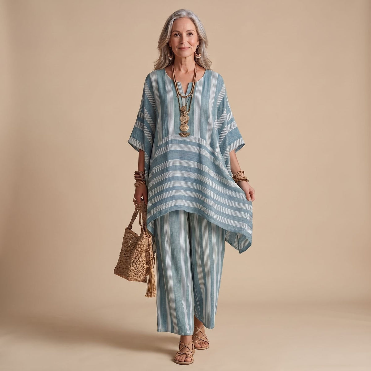Women's Striped Poncho-Top Wide-Leg Two Piece Set - Blue