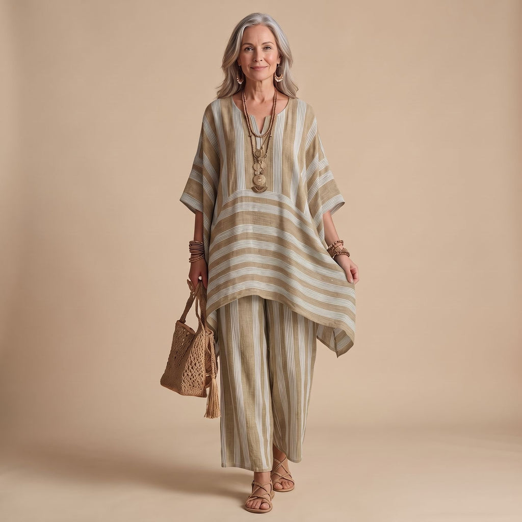 Women's Striped Poncho-Top Wide-Leg Two Piece Set - Gray