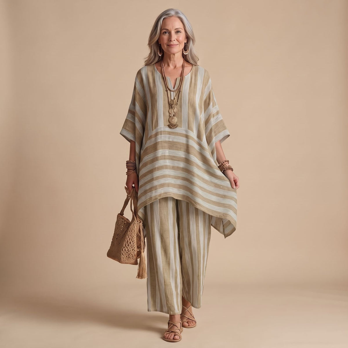 Women's Striped Poncho-Top Wide-Leg Two Piece Set - Gray
