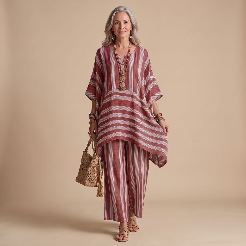 Women's Striped Poncho-Top Wide-Leg Two Piece Set - Red