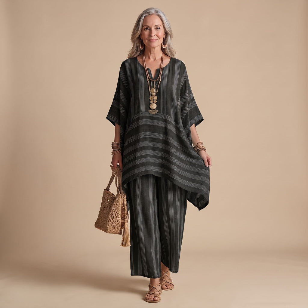 Women's Striped Poncho-Top Wide-Leg Two Piece Set - Black