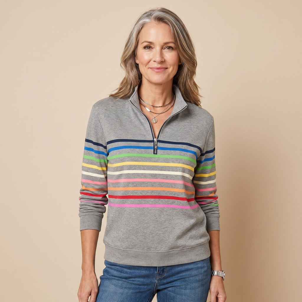 Women's Striped Quarter-Zip Pullover Sweater Stand Collar - Gray