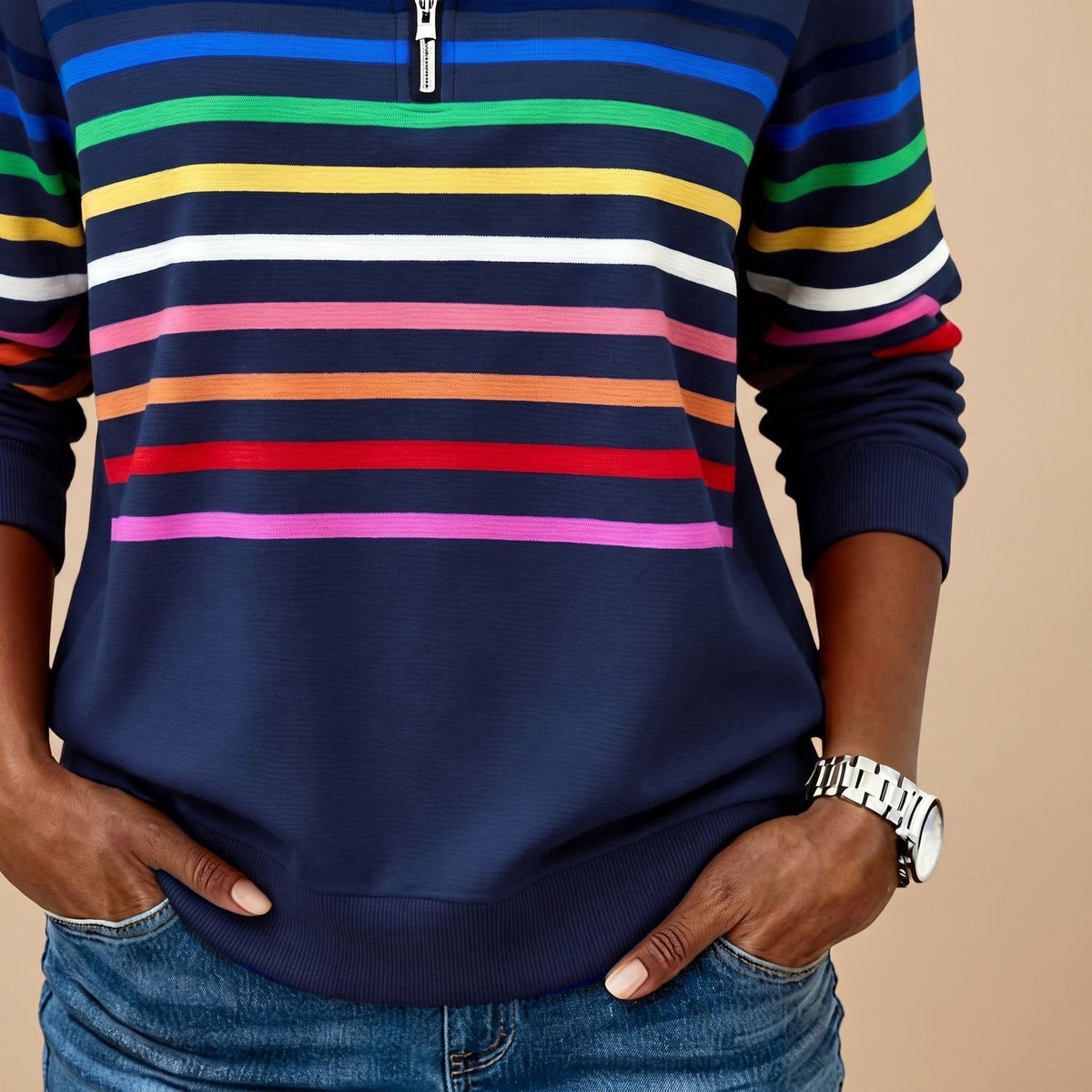 Women's Striped Quarter-Zip Pullover Sweater Stand Collar