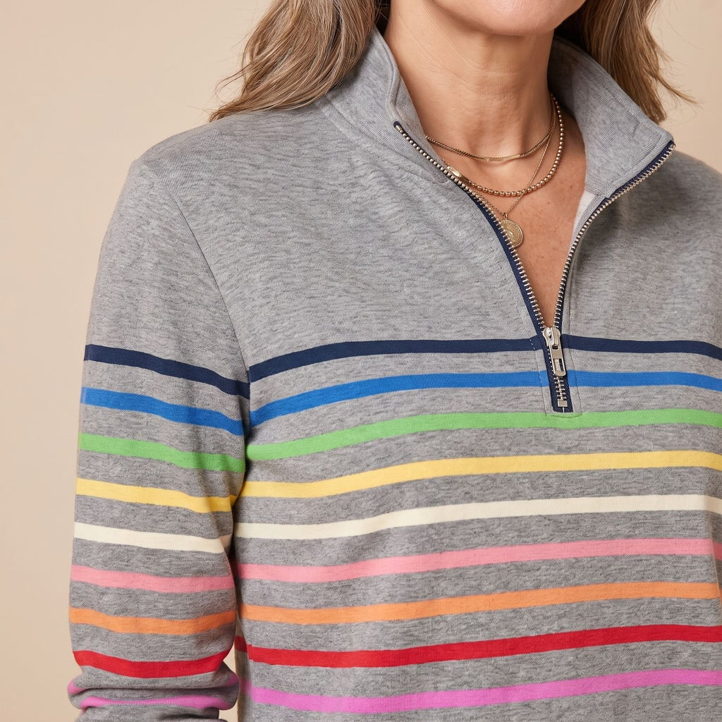 Women's Striped Quarter-Zip Pullover Sweater Stand Collar