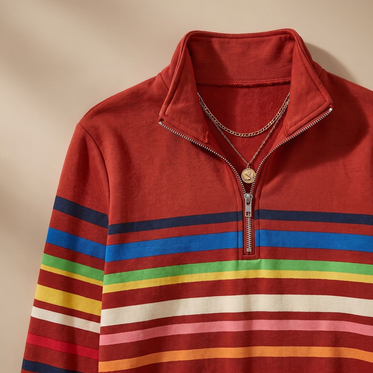 Women's Striped Quarter-Zip Pullover Sweater Stand Collar