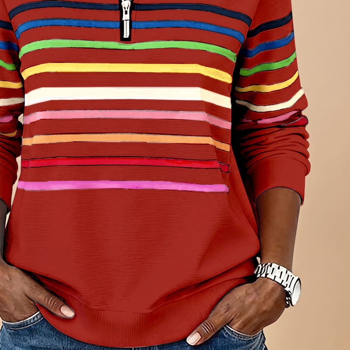 Women's Striped Quarter-Zip Pullover Sweater Stand Collar