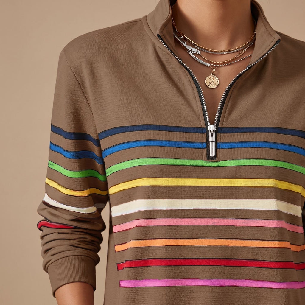 Women's Striped Quarter-Zip Pullover Sweater Stand Collar