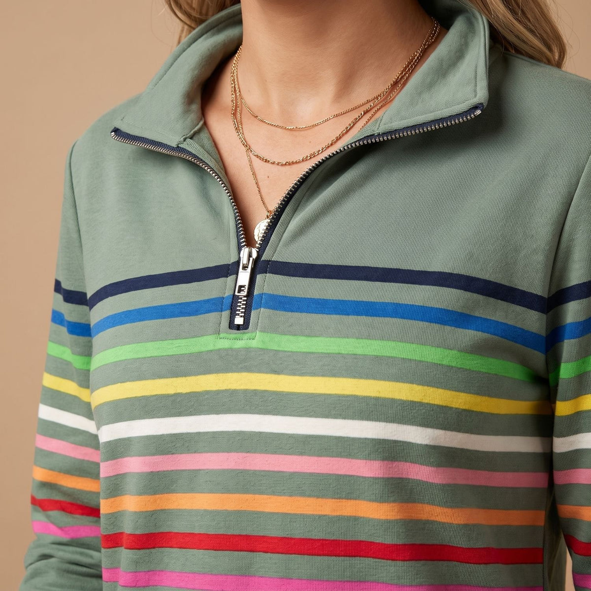 Women's Striped Quarter-Zip Pullover Sweater Stand Collar