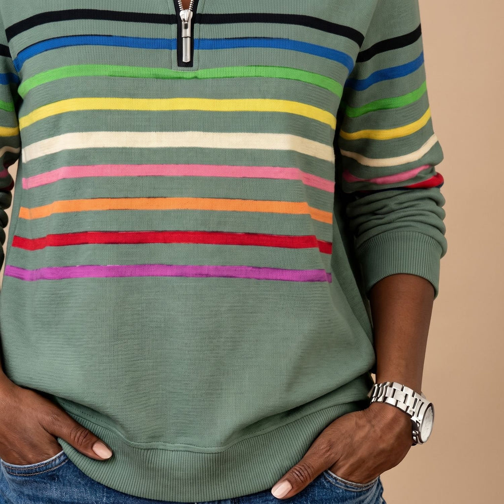 Women's Striped Quarter-Zip Pullover Sweater Stand Collar