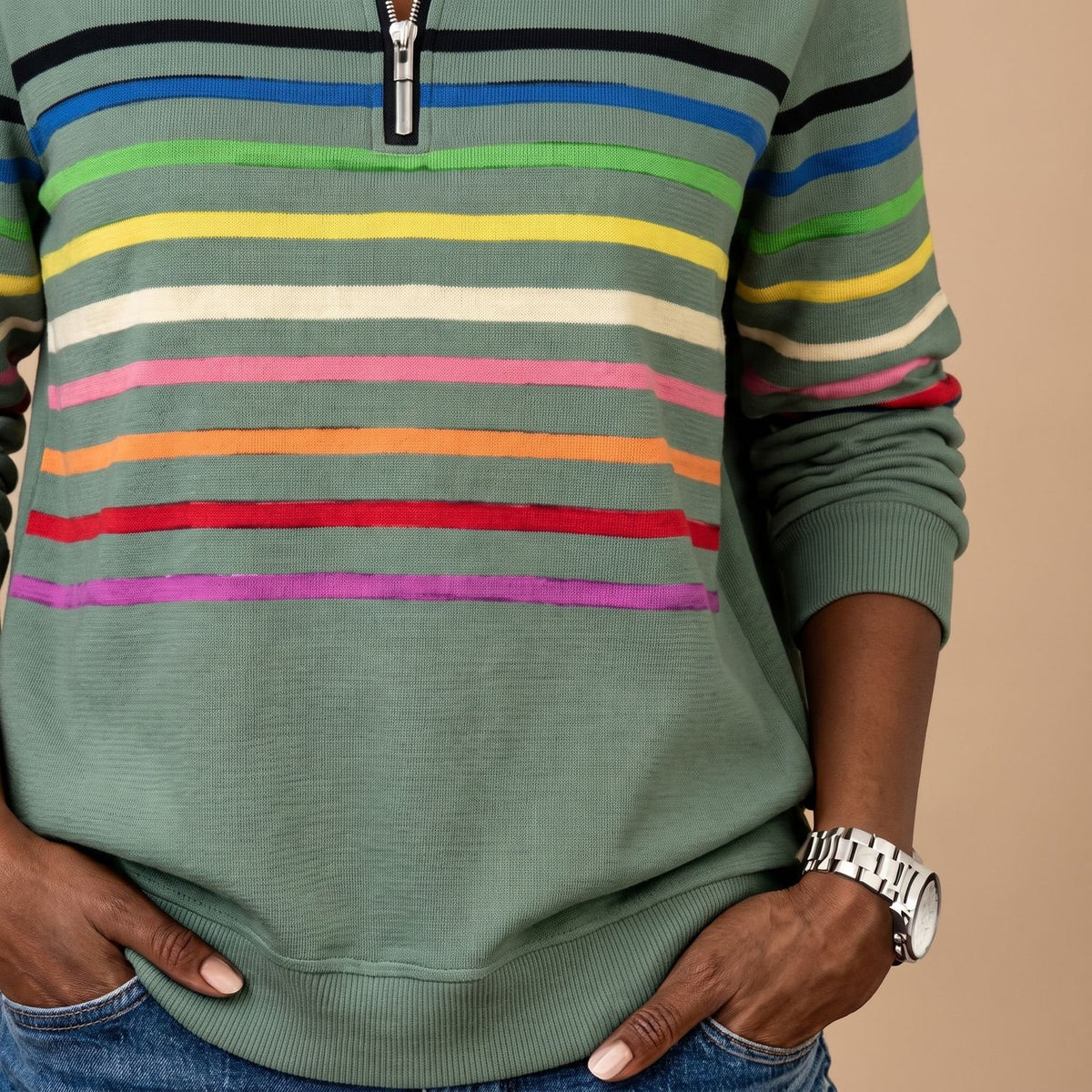 Women's Striped Quarter-Zip Pullover Sweater Stand Collar