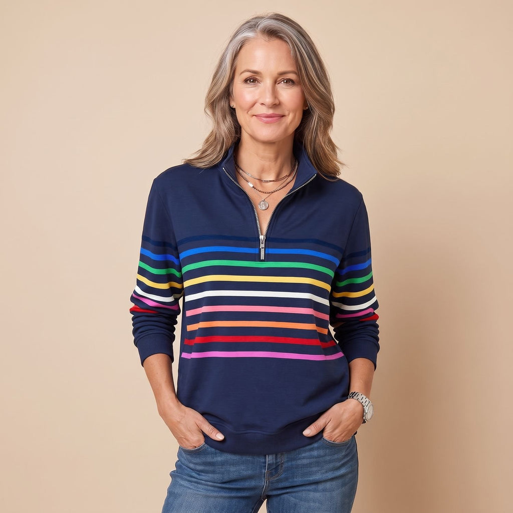 Women's Striped Quarter-Zip Pullover Sweater Stand Collar - Navy Blue