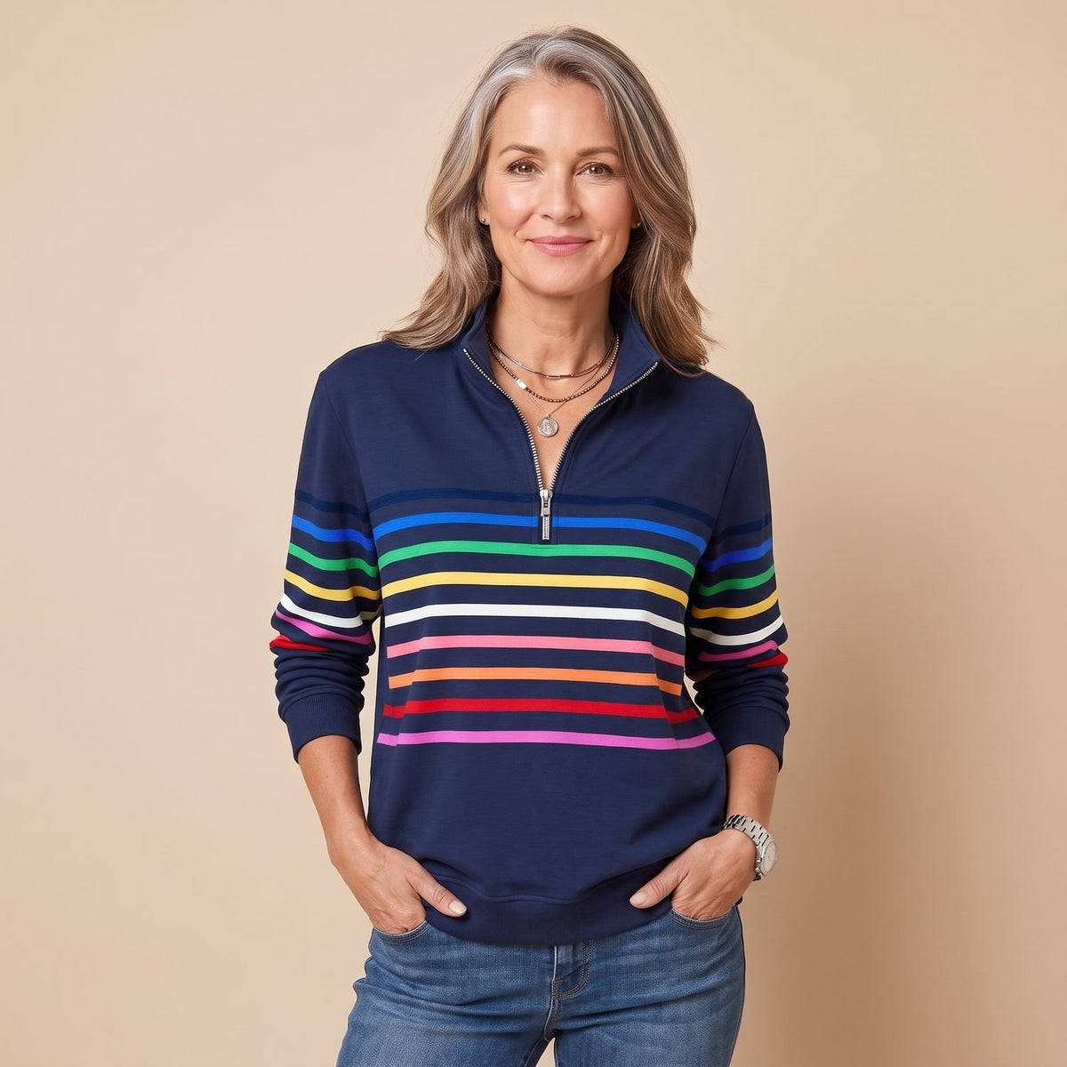 Women's Striped Quarter-Zip Pullover Sweater Stand Collar - Navy Blue