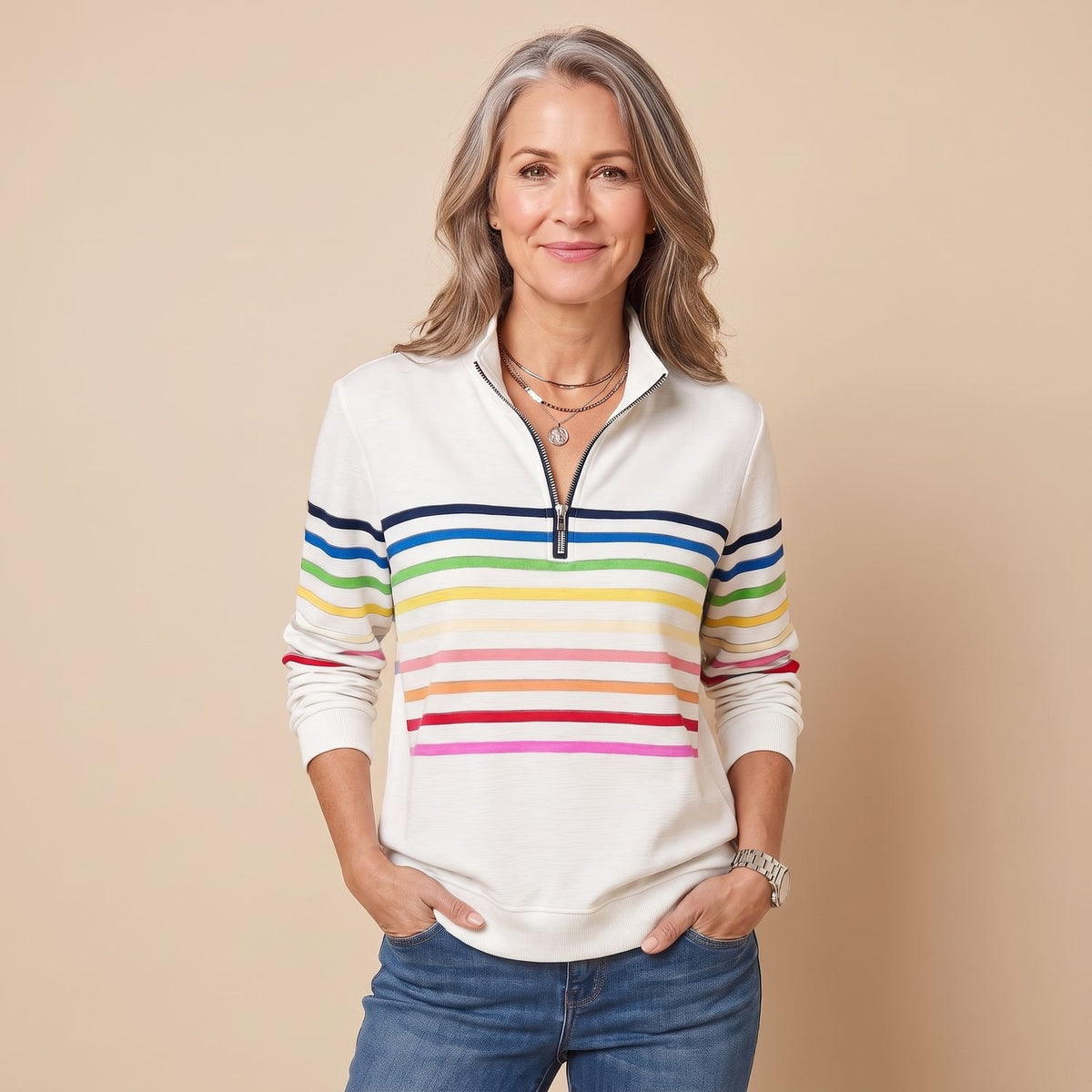 Women's Striped Quarter-Zip Pullover Sweater Stand Collar - White