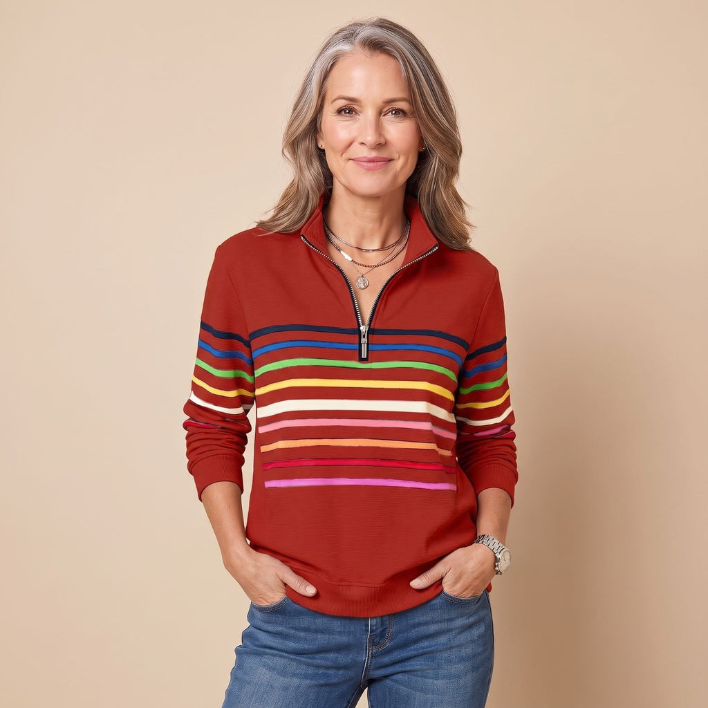 Women's Striped Quarter-Zip Pullover Sweater Stand Collar - Red