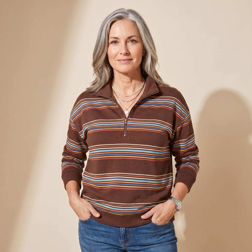 Women's Striped Quarter-Zip Pullover Sweater Stand Collar - Khaki