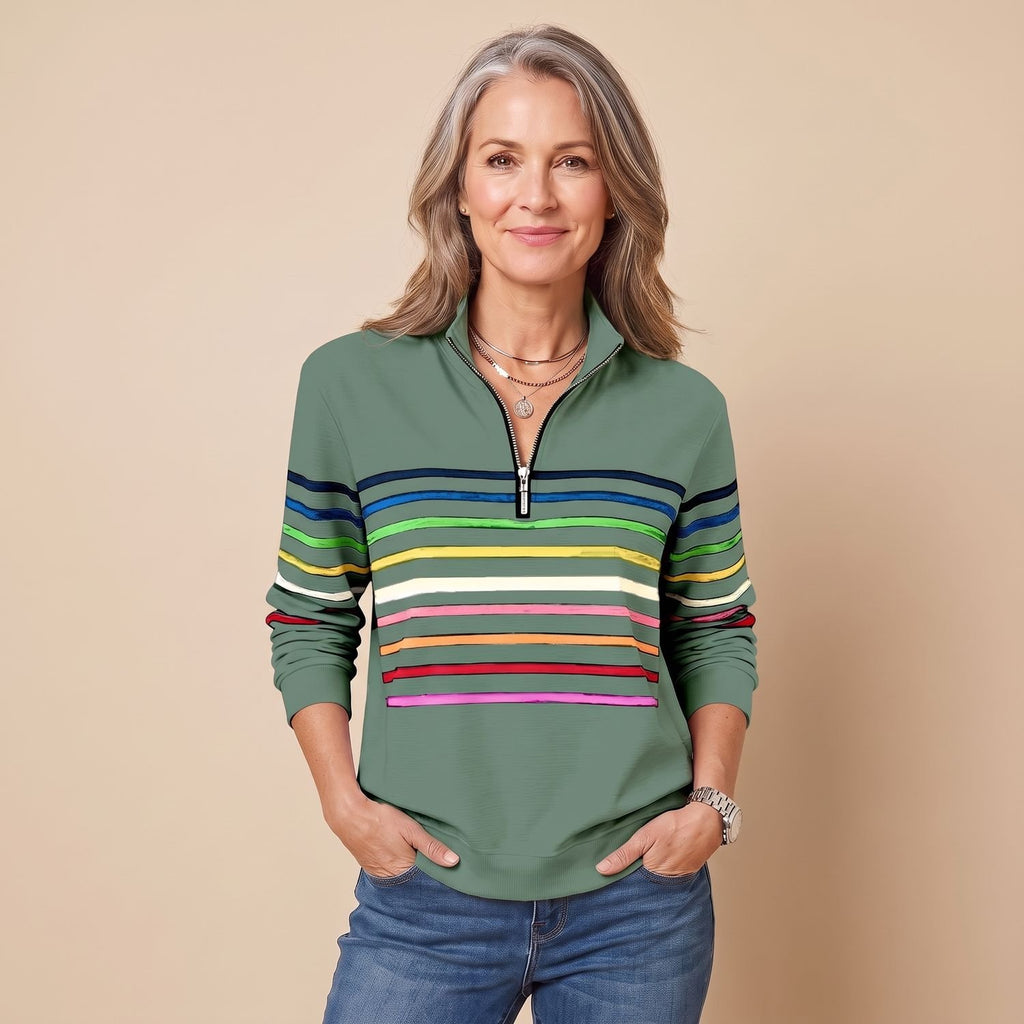 Women's Striped Quarter-Zip Pullover Sweater Stand Collar - Green