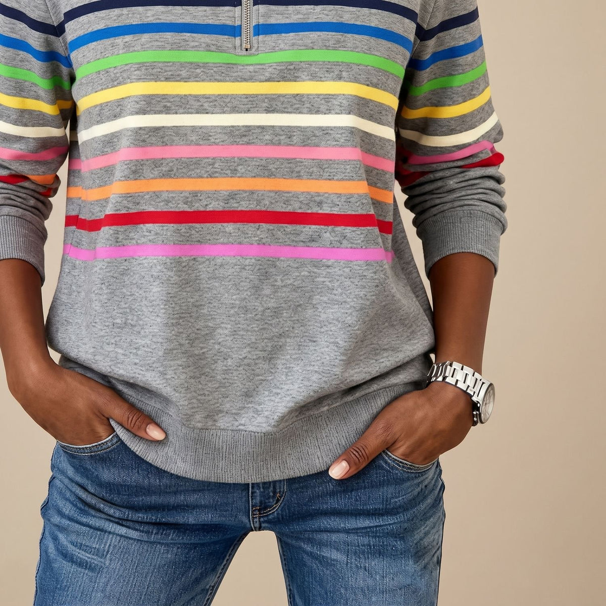 Women's Striped Quarter-Zip Pullover Sweater Stand Collar